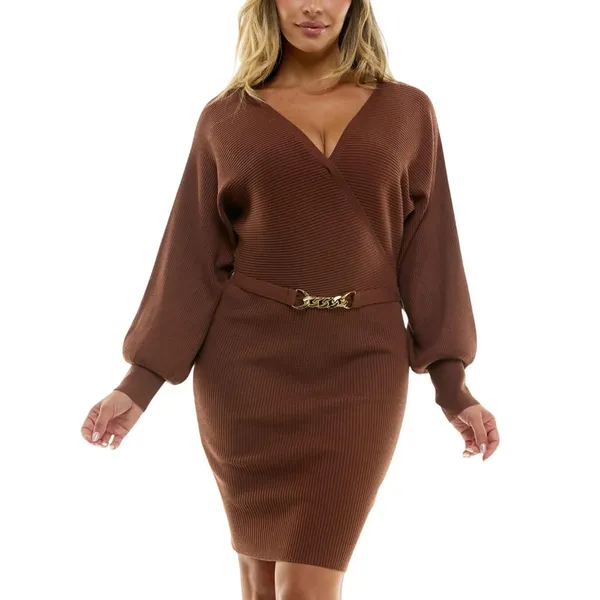 Rosie Harlow Juniors Surplice-Neck Dolman-Sleeve Knit Dress Cappuccino Brown XS - Image 9