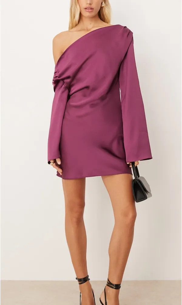 ASOS Design satin drape long sleeve off the shoulder mini dress in plum - Image 2
