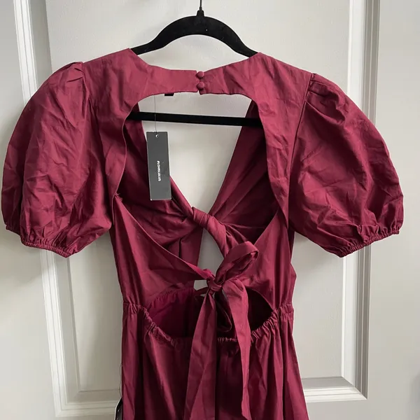 Lulus Midi Dress Wmns XS Burgundy Cottagecore Puff Sleeve Tiered Back Cutout Tie - Image 6