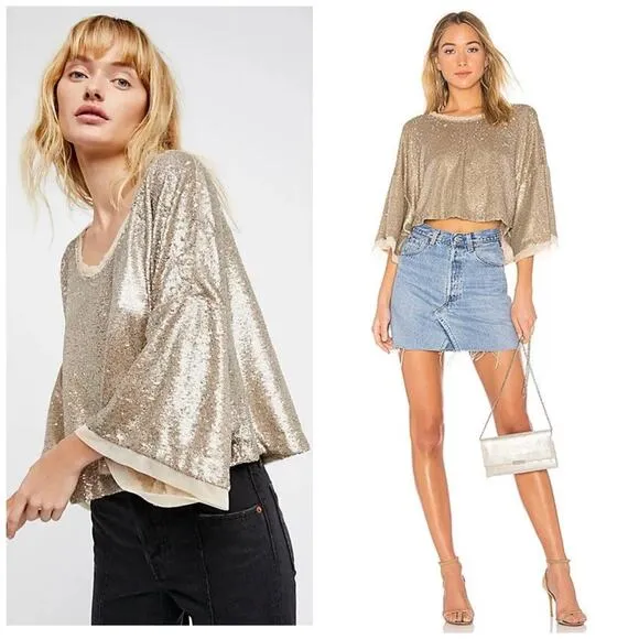 Free People Champagne Dreams Tee Small Neutral Gold Sequin Oversized Cropped - Image 2