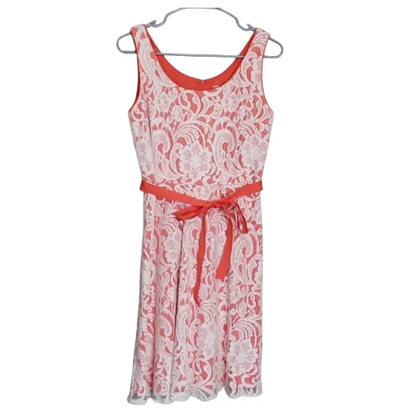 Dressbarn Coral Lace Fit Flare Dress Size 8‎ Sleeveless Tie Waist Women - Image 8