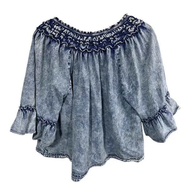 Free People Top Acid Wash Ruffle Bell Sleeve Boho Women's Med Blue Boho Cotton - Image 3
