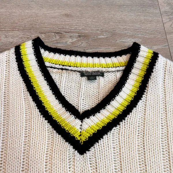 Wild Fable Womens Cream Knit V Neck Sweater Tennis Style Neon Stripe‎ Small S - Image 4