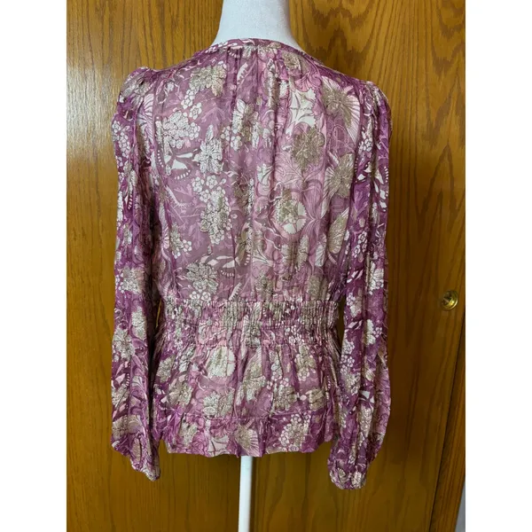 Anthropologie Somerset Floral Metallic Smocked Peplum Chiffon Blouse Size M NEW - Image 5