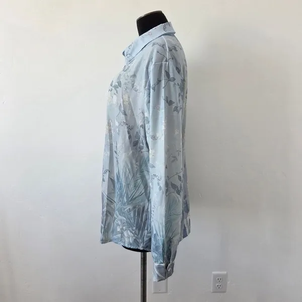 Blue Floral Blouse Top Linen Feel Pastel Lightweight Cottagecore Grandmacore L - Image 7
