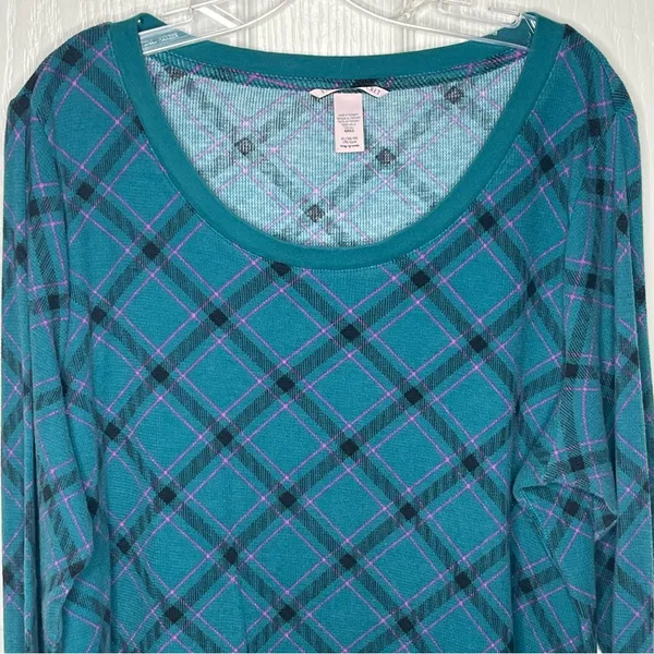 Victoria’s Secret Sz XL Long Pajama Set Teal Purple Black Argyle Plaid - Image 3