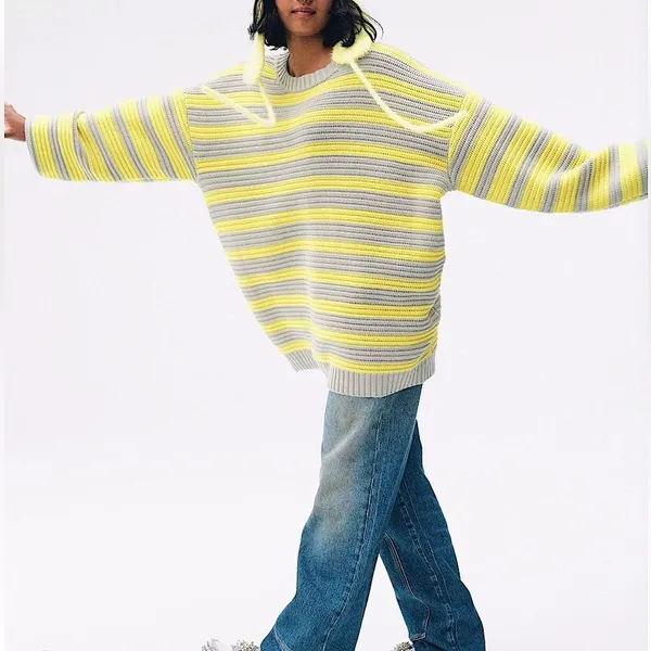Free People Links Sweater M Crewneck Knit Oversized Striped Slouchy Heavy Boho - Image 2
