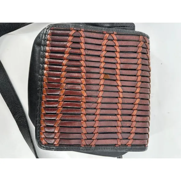Vintage Paola del Lungo Italy Leather Woven Crossbody Bag Brown Black Purse‎ - Image 4