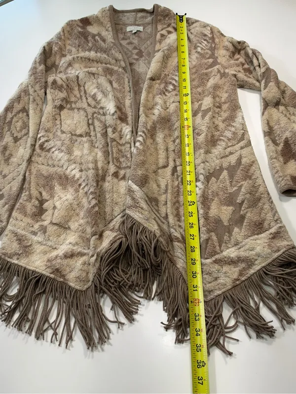 Lucky Brand Taupe & Beige Patterned Fringe Open Cardigan Size Large - Image 3