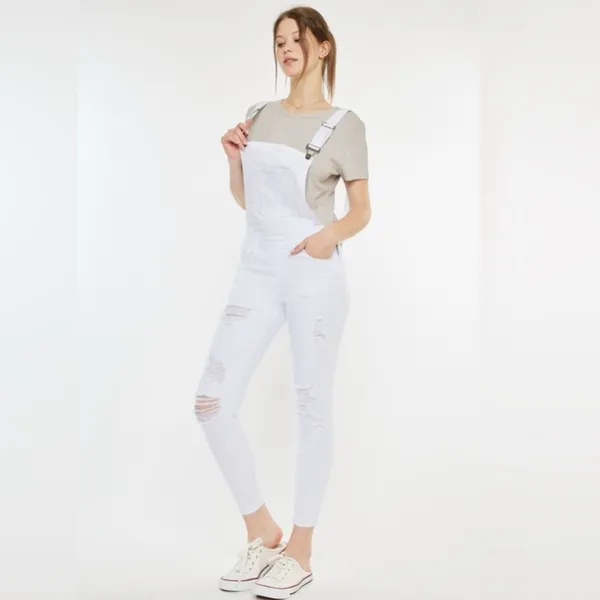 KanCan Minimalist White‎ Distressed Adjustable Stretch Topanga Overalls Size Med - Image 2