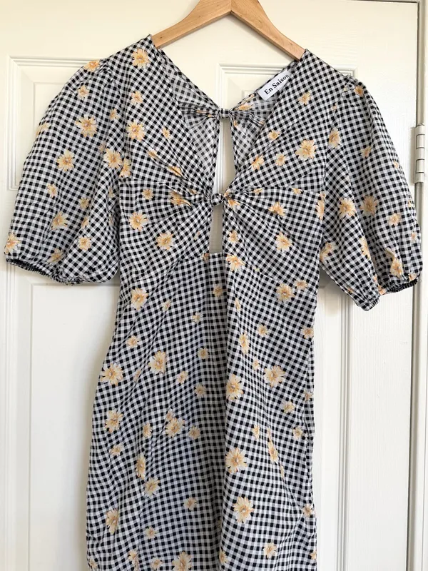 Anthropologie En Saison Floral Gingham Tie Front Cut Out Back Dress‎ - Image 5