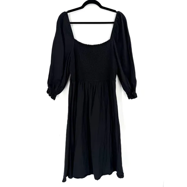 New‎ Look Curves Midi Dress Womens 14 Black Smocked Linen Blend Cottagecore Boho - Image 2