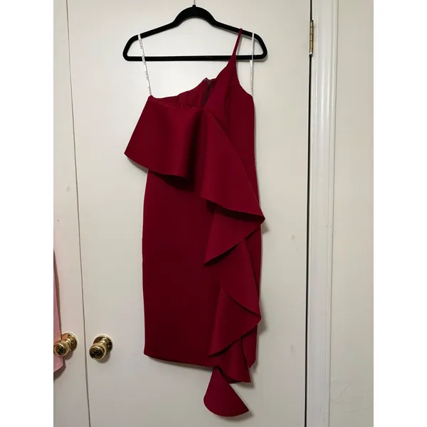 Lavish Alice Burgundy Red One Shoulder Ruffle‎ Midi Dress US 6 NEW - Image 2