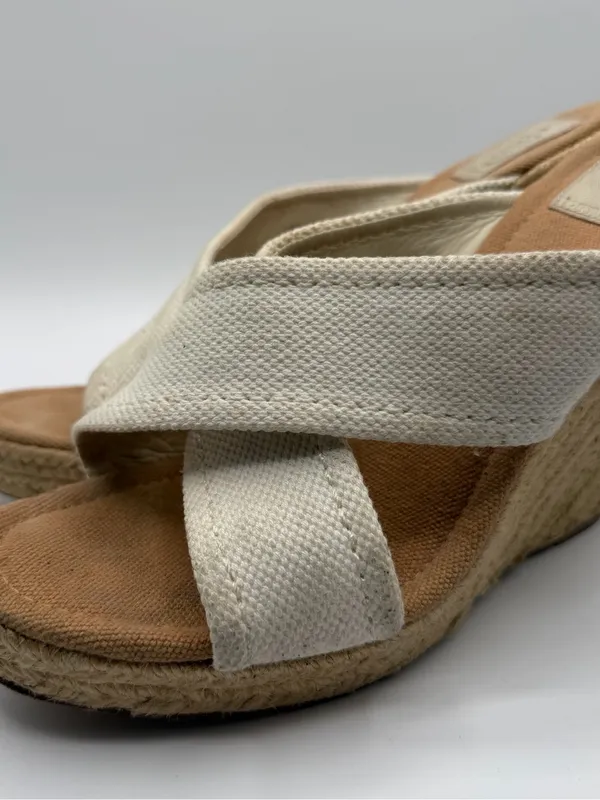 Tory Burch Kristen Espadrille Wedge Sandals Cream Canvas Gold Logo Women’s 10 - Image 4