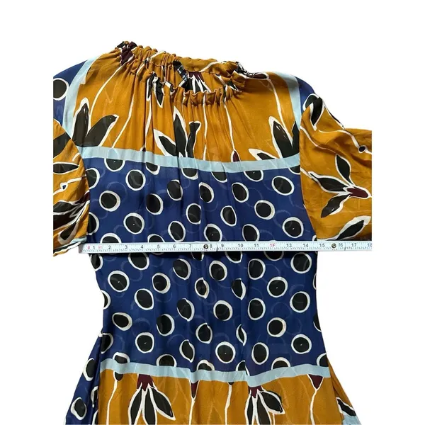 ZARA Navy Mustard White‎ Floral Sheer Tie Waist Midi Dress Sz XS - Image 8