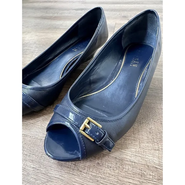 Ralph Lauren Madison Wedge Buckle Slip On Blue Peep Toe Shoes Women's Sz 8.5B‎ - Image 2