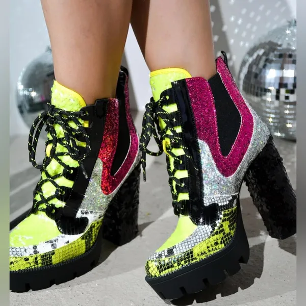 NWT Cape Robbin Nell Glitter Sequin Lace-Up Block Heel Booties – Size 7‎ - Image 3