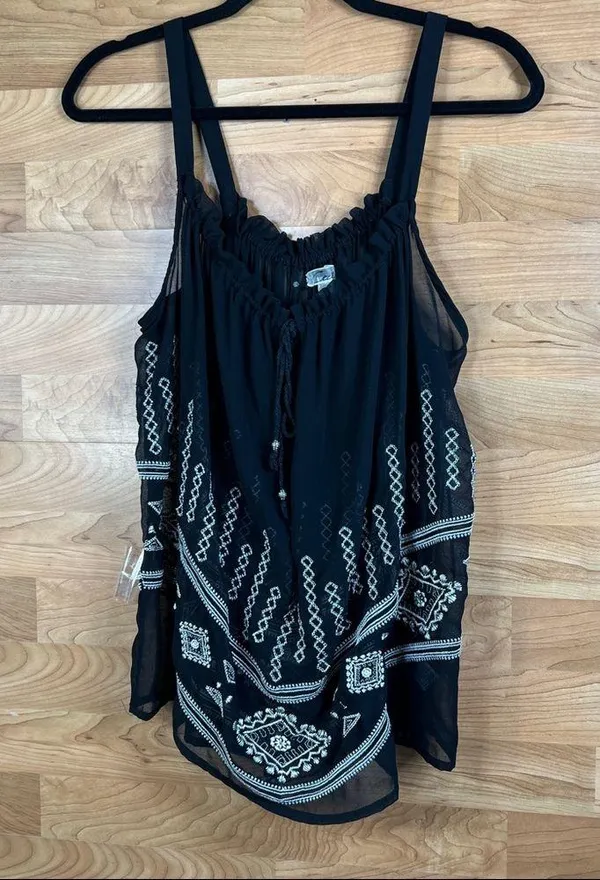 Cecico Sheer Tank Blouse w/Embroidery and a keyhole front tie Black - Image 2