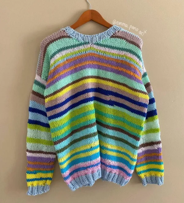 hand knit striped funky fun multi colored oversized sweater Blue Size M - Image 15