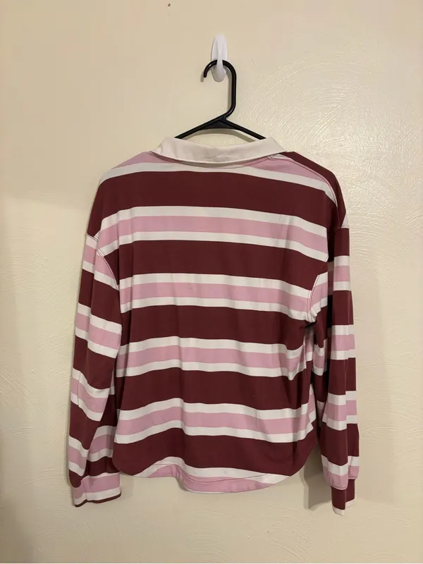 Old Navy Active Rugby Polo Shirt XL Pink Burgundy Striped Long Sleeve - Image 8