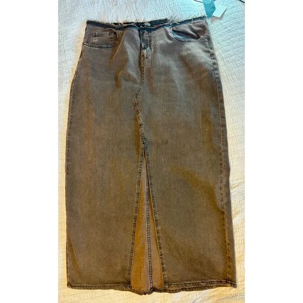 Wild Fable Brown Denim Midi Skirt Raw Hem Front Slit Size 14 Fair Trade - Image 7