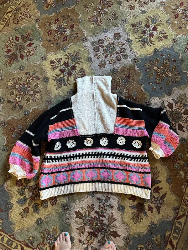 Cozy Colorblock 1/2 Zip-Front Black& Cream w/Pink,Blue & Orange Crochet Sweater - Image 4
