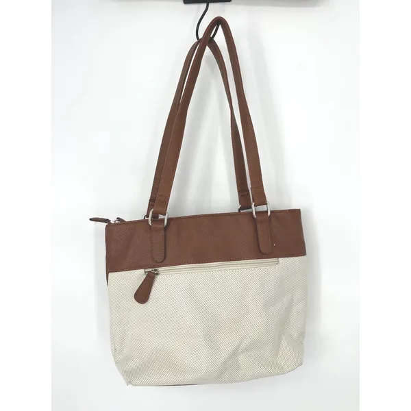 Stone Mountain Tote Bag‎ Purse Brown Ivory Canvas Faux Leather Shoulder Bag - Image 4
