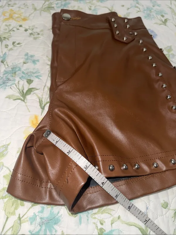 Brown Faux Leather High-Waist Studded Shorts - Image 6