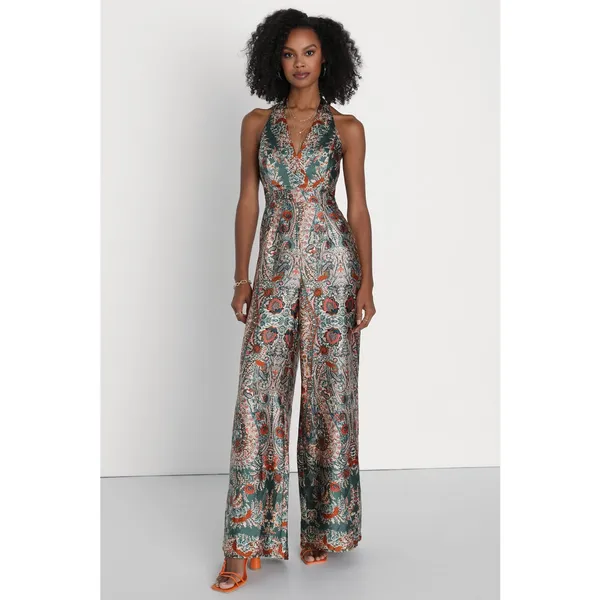 NWT Lulus Divine Wanderings Teal Green Scarf Print Satin Wide-Leg Jumpsuit Sz XS - Image 8