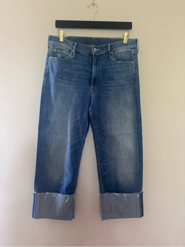 MOTHER Cropped Wide Cuff Jeans – Medium Blue - Image 2