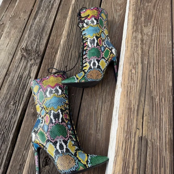Liliana Womens Size 8 Colorful Snakeskin Lace Up Stiletto Knee High Boots - Image 7
