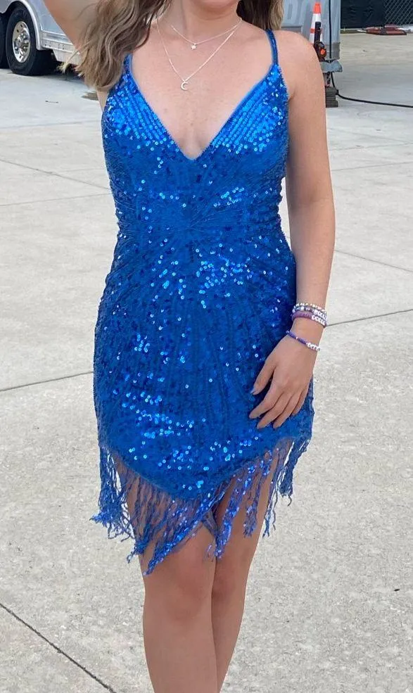 Sparkly Blue Beaded Mini Dress with Fringe - Image 2