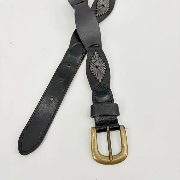 Boho Black Leather Embroidered Concho Womens Belt Sz Small Brass Buckle Western - Image 6