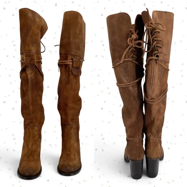 Freebird by Steven Brock Boots Brown Tan Suede Tall Heel Leather OTK Fall Boho 9 - Image 4