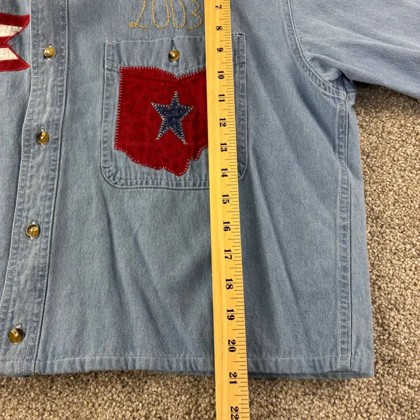 Ohio Bicentennial Denim Shirt Women L Blue Patchwork Americana Vintage Retro‎ - Image 5