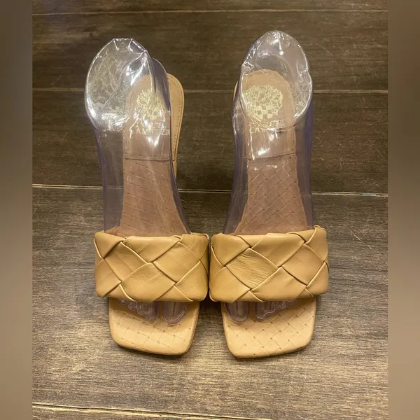 Vince Camuto Sandals Womens Size 9 Tan Leather Square Toe‎ Slip On Woven Heels - Image 8
