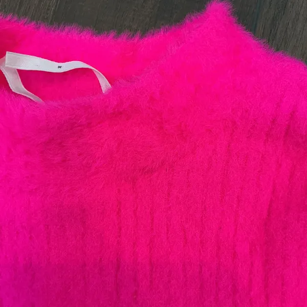 Anthropologie Eyelash Knit Mock Neck Sweater Hot Pink Fuzzy Ribbed Size M Cozy - Image 3