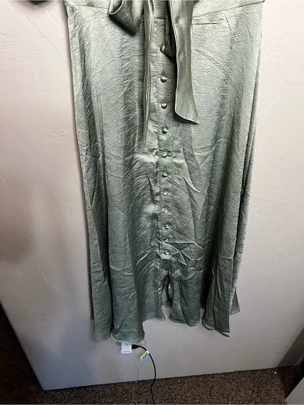 Petal & Pup Piper Sage Green Shiny Tie Front Button Front Midi Dress - Image 4