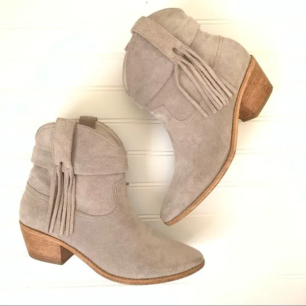 Joie Taupe Suede Fringe Western Ankle Boots Stacked Wood Block Heel 'Keaton' - Image 3