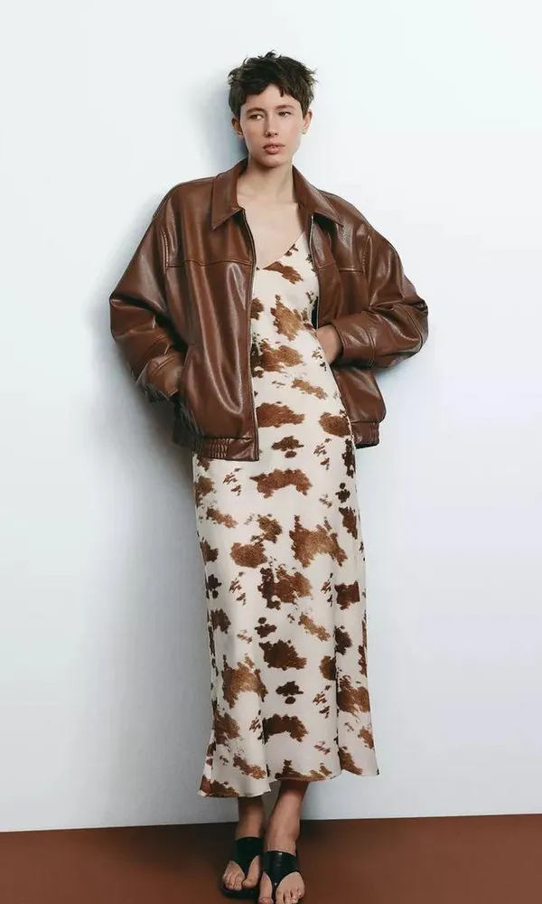 Zara cow patch satin effect boho western Brown and Cream maxi long dress - Image 17