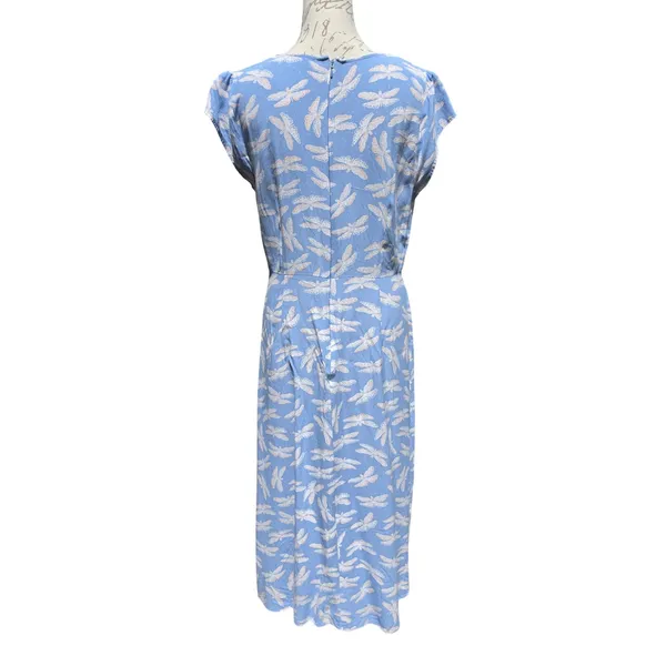 LOFT Light Blue Dragonfly Print Midi Dress Cap Sleeve Side Slit Size 10 - Image 4