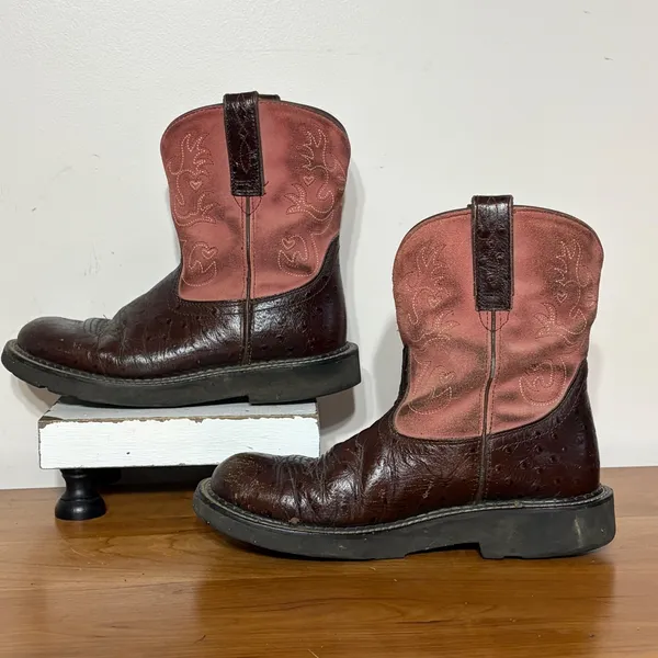 Ariat Fatbaby Pink Ostrich Print Leather Western Boots 10000830 Womens 8B - Image 2