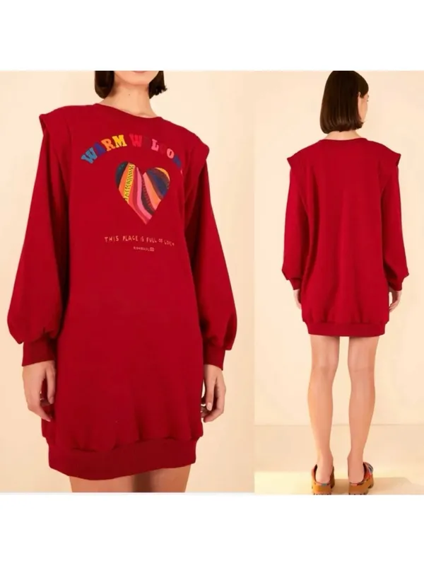 Farm Rio X Anthropologie Warm Welcome Sweatdress Sweatshirt Dress Burgundy Red - Image 2