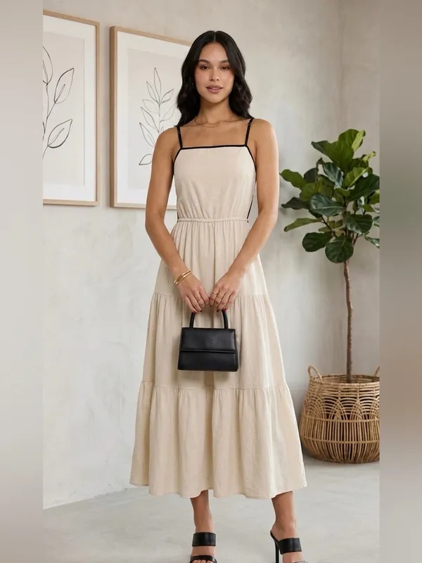 Blu Pepper Hazel Khaki Midi Dress NWT Boho Tiered Open Back Tie Cream Large - Image 4