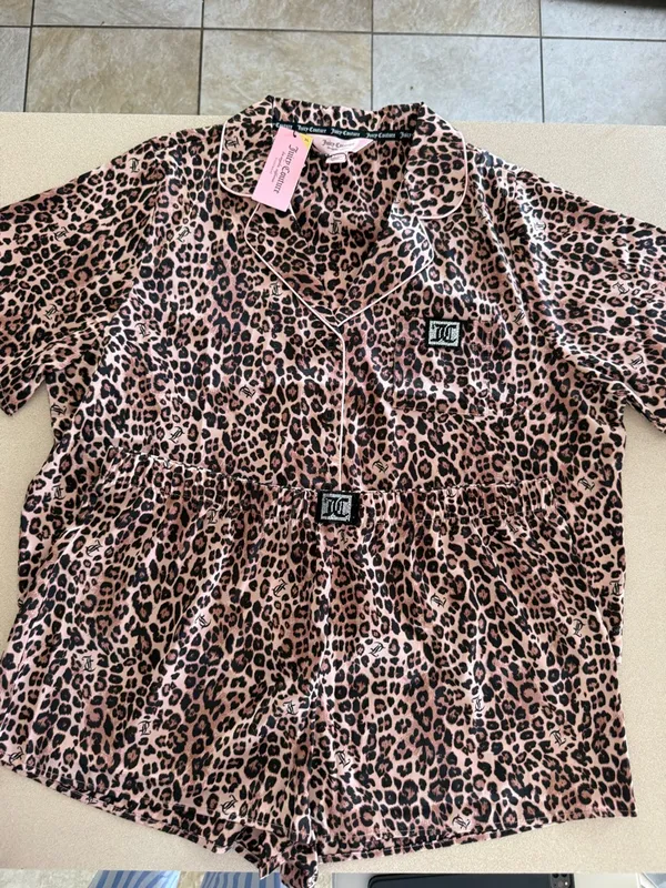Juicy Couture Leopard Satin Pajama Set Pink Animal Print Shorts Set NWT - Image 5
