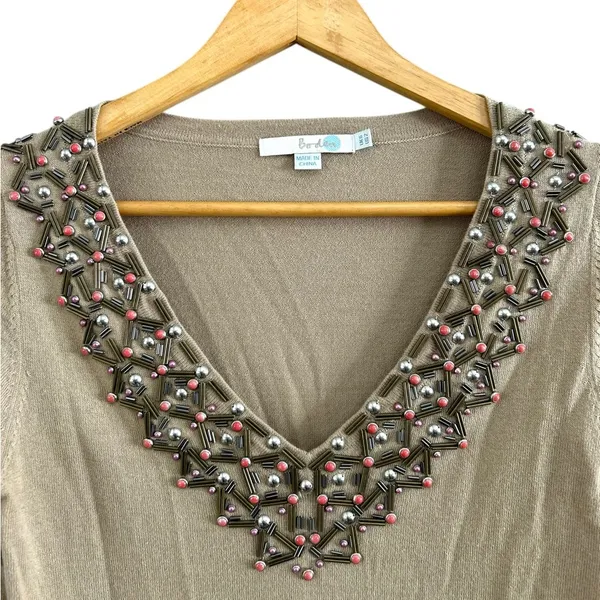 Boden Women's Tan Sand Embellished Beaded‎ V Neck Wool Blend Sweater Size 2 XS - Image 3