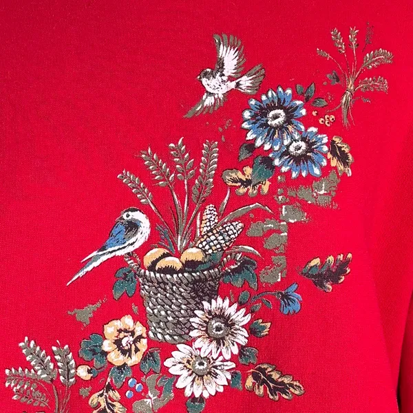 Vintage Red Floral Bird‎ Sweatshirt Cozy Fall Grandma Core Pullover XL - Image 5