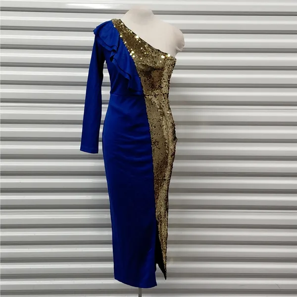 Womens One Shoulder Sequin Midi Dress Size XS Blue Gold Wedding Party Evening - Image 4