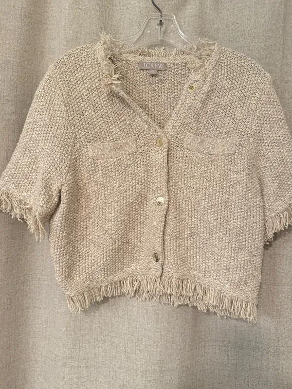 J Crew Fringe-Trim Short-Sleeve Cropped Lady Jacket in Marled Yarn | M - Image 2