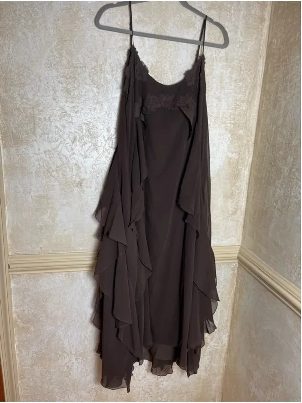 House of Harlow 1960 Chiffon Maxi Cocktail Dress Ruffles Brown Flowy Fairy Sz S - Image 3